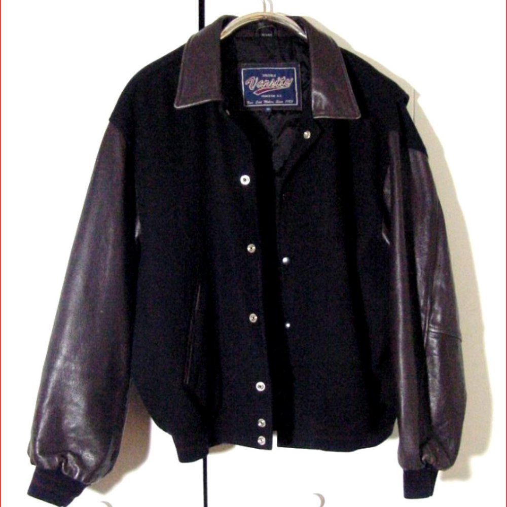 Vtg Varsity Brand Brown /Black Wool & Leather Varsity Jacket Sz M